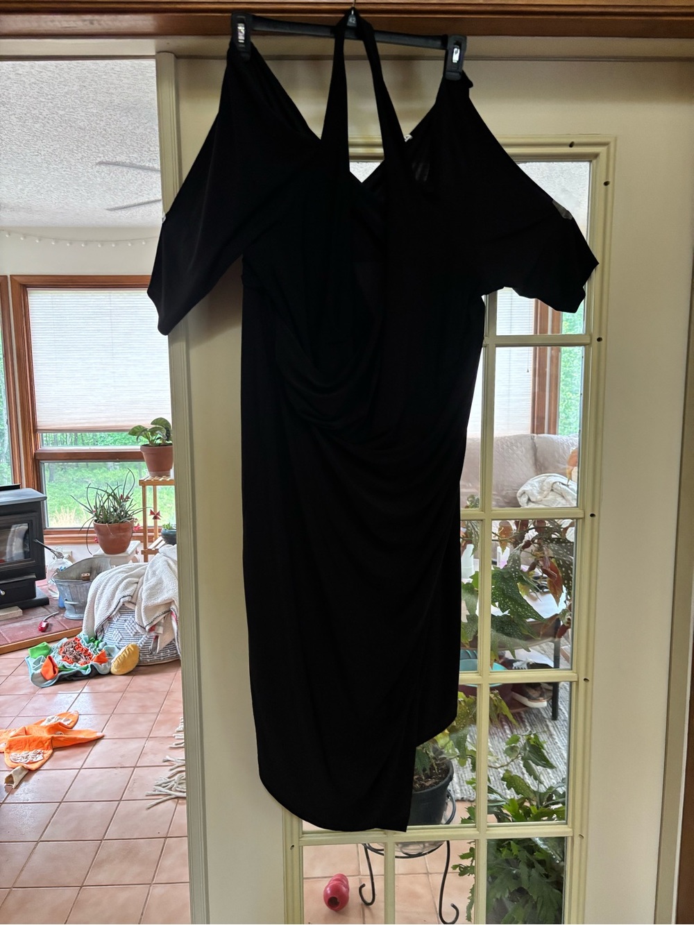 Kiyonna Black Cold-Shoulder Midi Dress with Draped Front